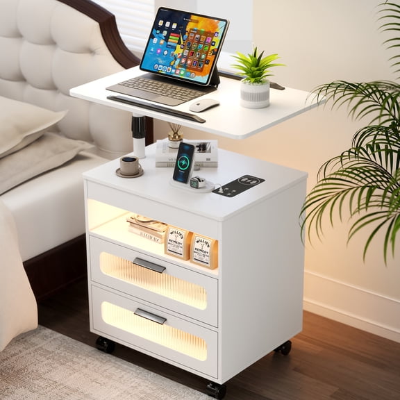 VKCC Modern 2-Drawer Rolling Nightstand with LED & Charging Station, Adjustable Height Bedside Table, White
