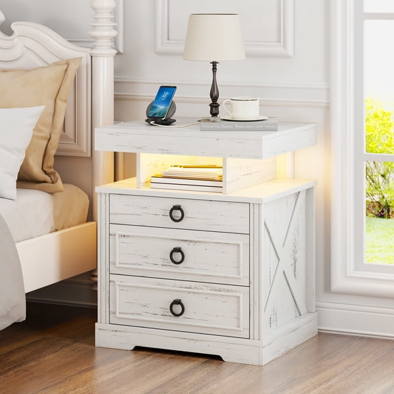 VKCC Modern 3-Drawer Nightstand with LED & Hidden Drawer, Bedside Table with Charging Station, Rustic White