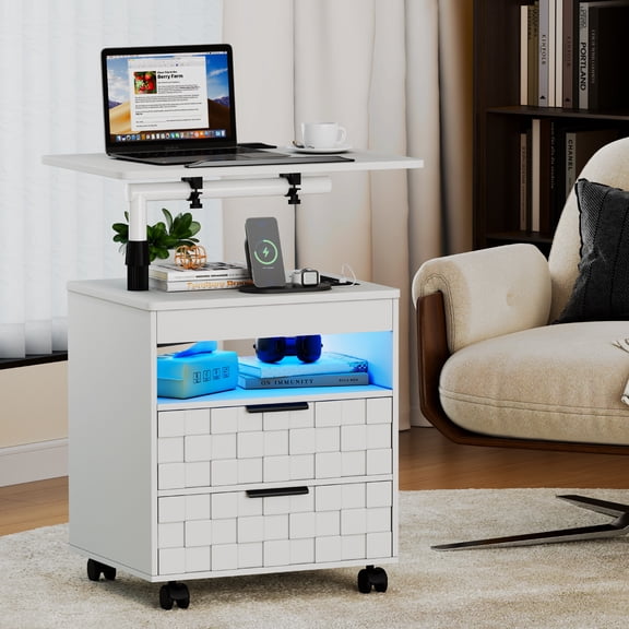 VKCC Modern Nightstand with LED & Adjustable Height, 2-Drawer Rolling Bedside Table with Charging Station, White
