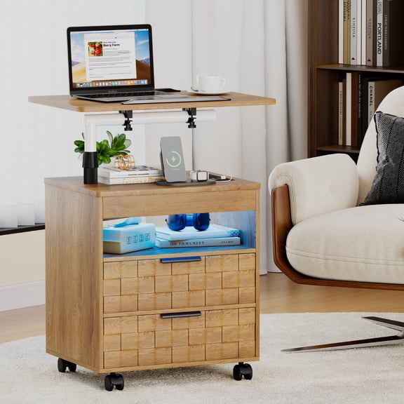 VKCC Modern Nightstand with LED & Adjustable Height, 2-Drawer Rolling Bedside Table with Charging Station, Wood