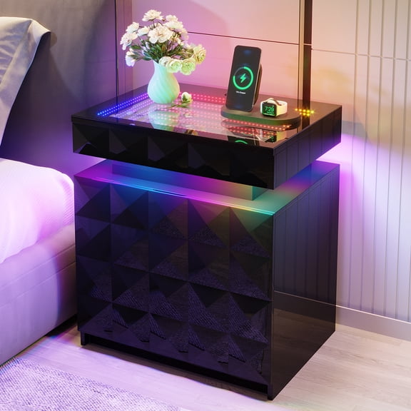 VKCC Modern Nightstand with RGB Lights and Charging Station, LED Night Stand with Hidden Drawer, Side Table for Bedroom Living Room, Black