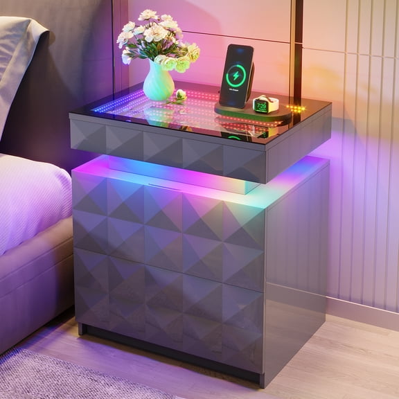 VKCC Modern Nightstand with RGB Lights and Charging Station, LED Night Stand with Hidden Drawer, Side Table for Bedroom Living Room, Grey