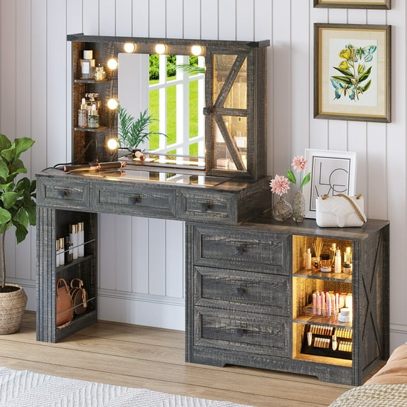 VKCC Modern Vanity Table Desk with LED Lights, Charging Station, 6 Drawers & Modular Storage, Rustic Brown