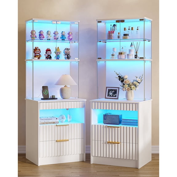 VKCC Nightstands Set 2 with Drawer,LED Lights & Charging Station,Glass Display Case,Lockable Drawer,Bedside Table for Bedroom,White