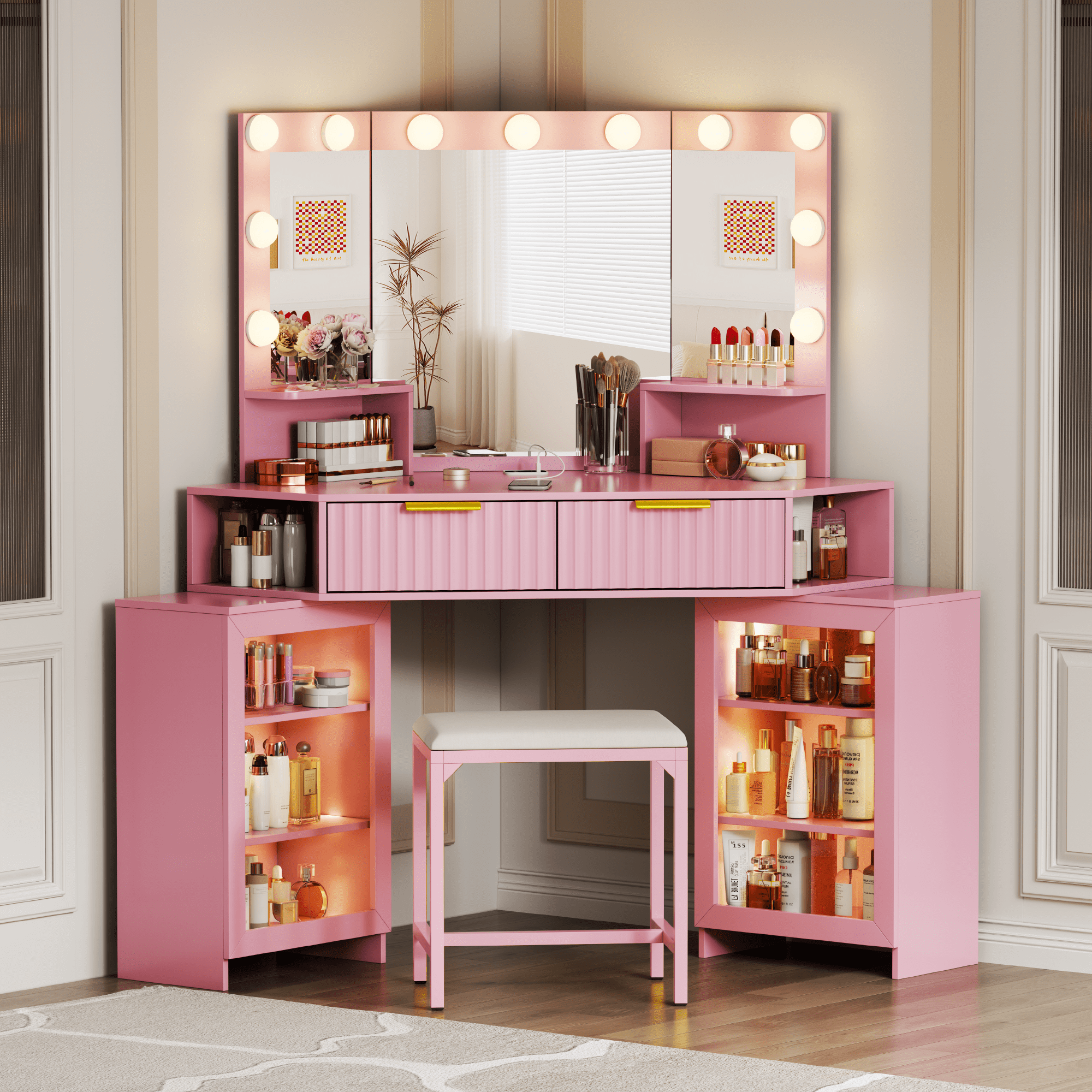 VKCC Retro Corner Vanity Desk Table with Ultra-Wide LED Mirror, Charging Station, Storage Drawers & Shelves, Pink