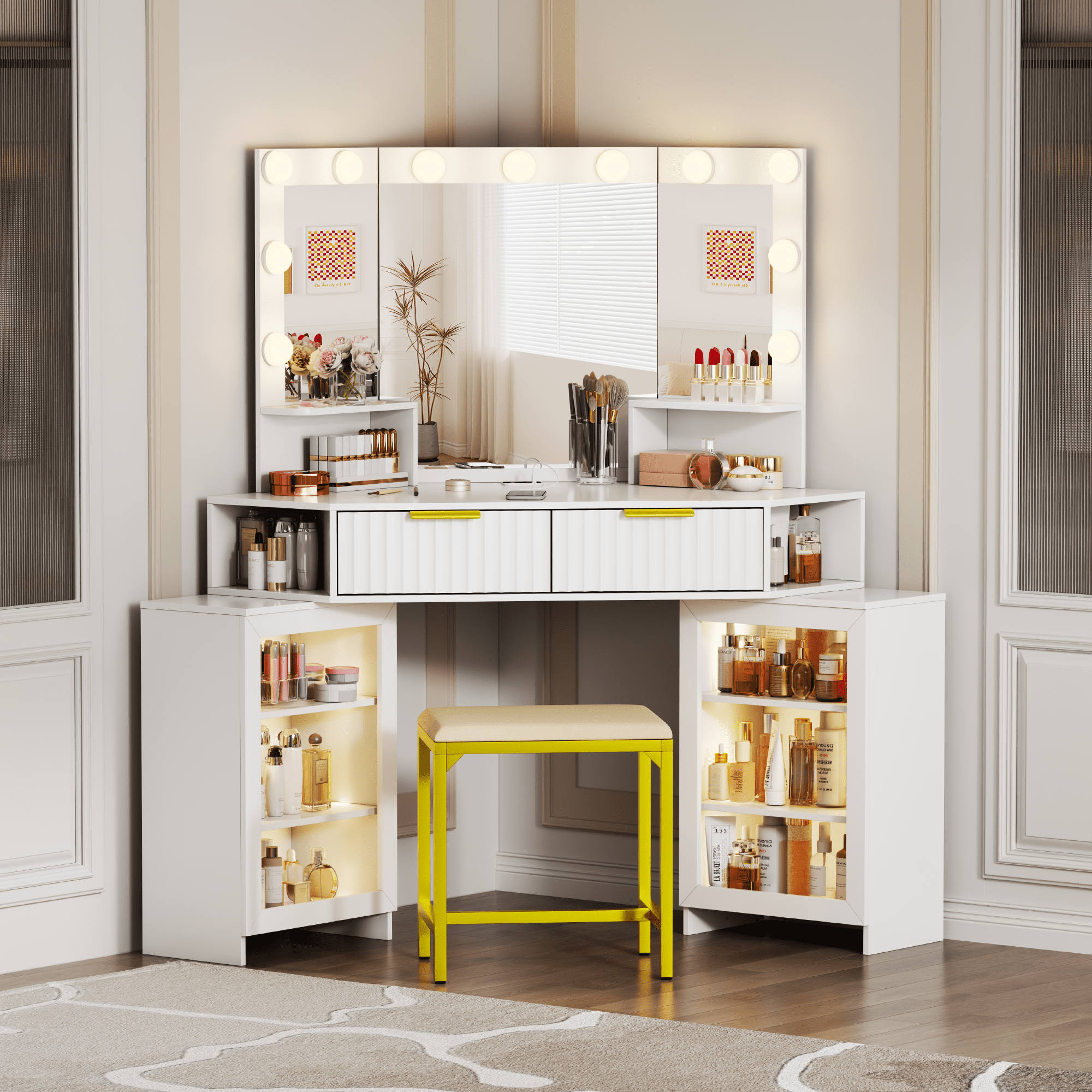 VKCC Retro Corner Vanity Desk Table with Ultra-Wide LED Mirror, Charging Station, Storage Drawers & Shelves, White