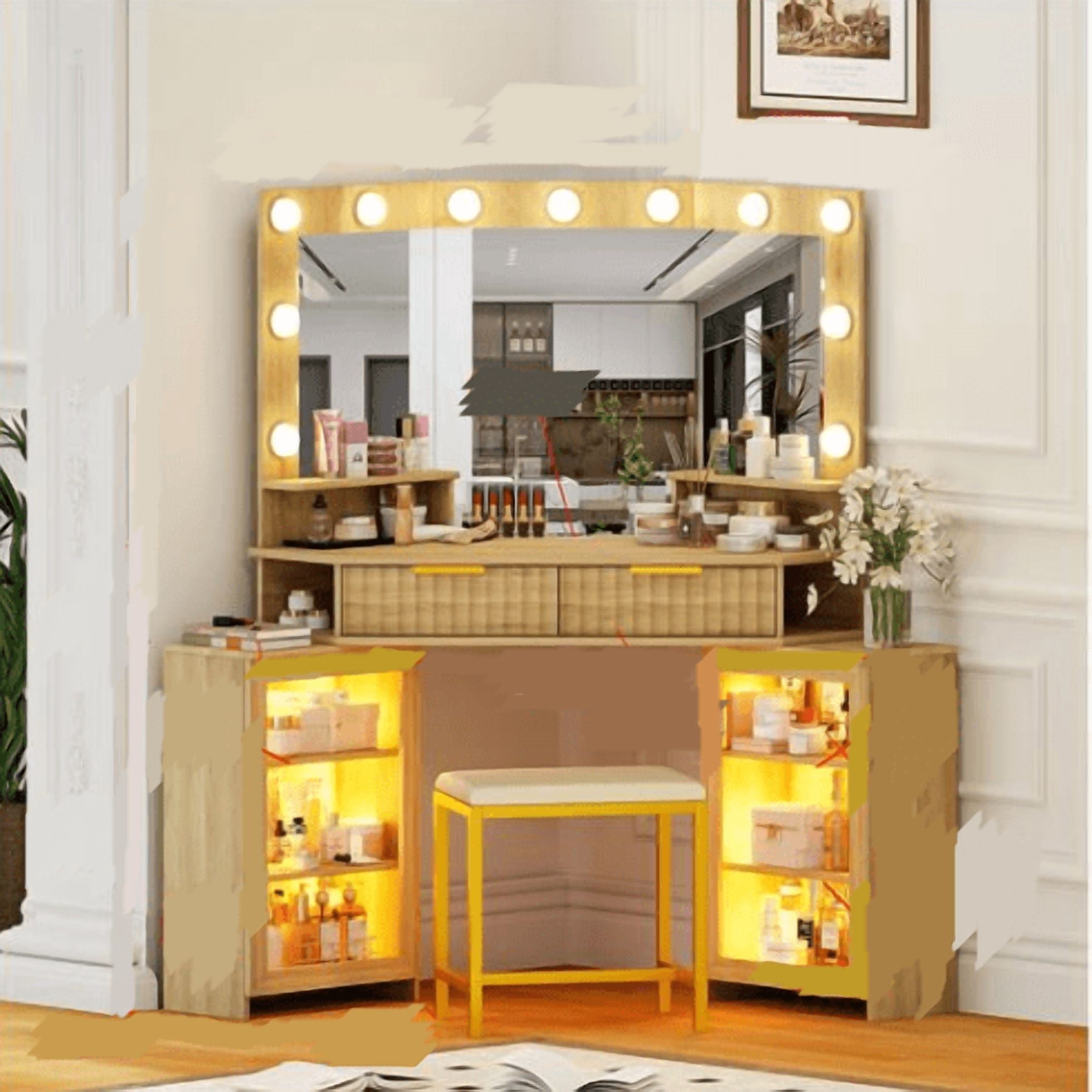 VKCC Retro Corner Vanity Desk Table with Ultra-Wide LED Mirror