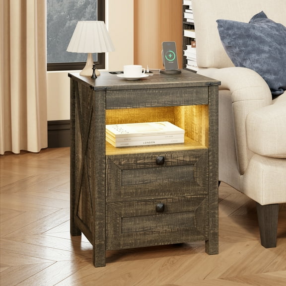 VKCC Rustic 2 Drawers Nightstand with LED Lights & Charging Station, Farmhouse Bedside Table with Open Shelf, Rustic Brown