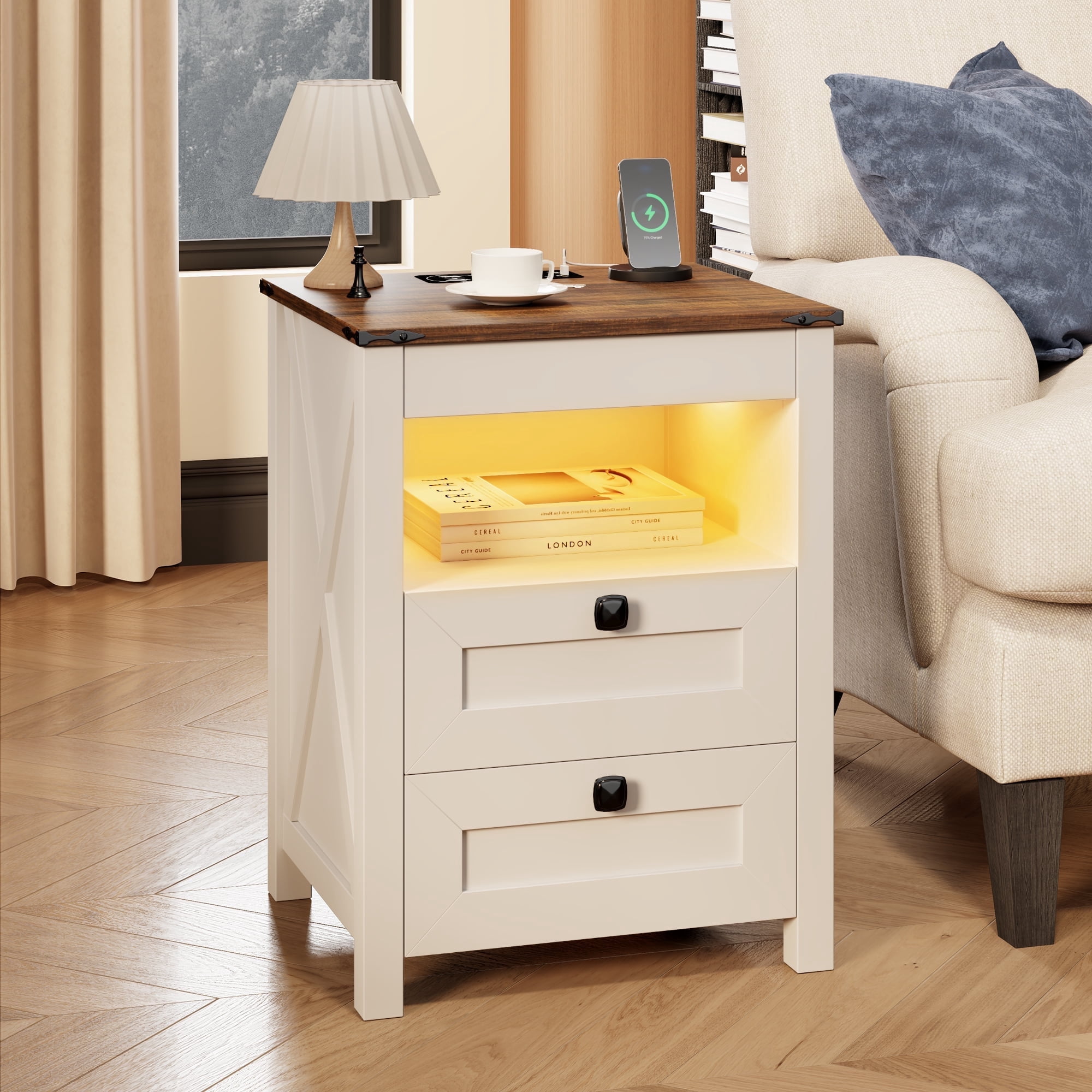 VKCC Rustic 2 Drawers Nightstand with LED Lights & Charging Station, Farmhouse Bedside Table with Open Shelf, White
