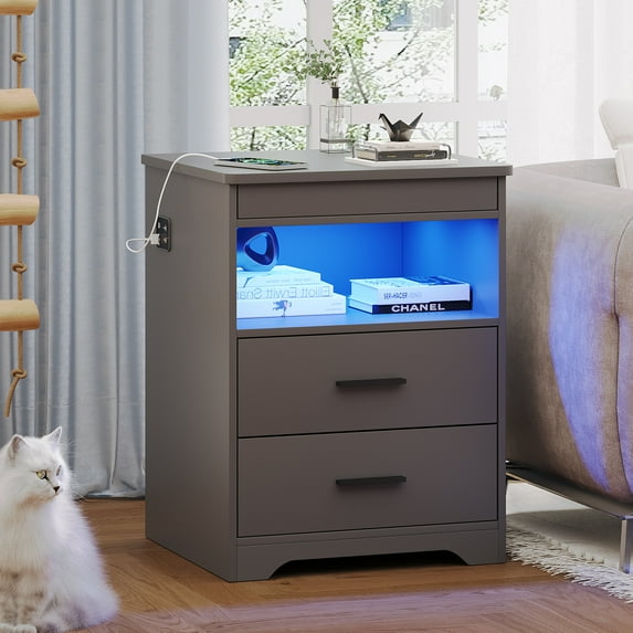 VKCC Rustic Wooden Nightstand with Charging Station, 2 Drawers Bedside Table with LED Lights, Small Cabinet for Bedroom Living Room, Grey