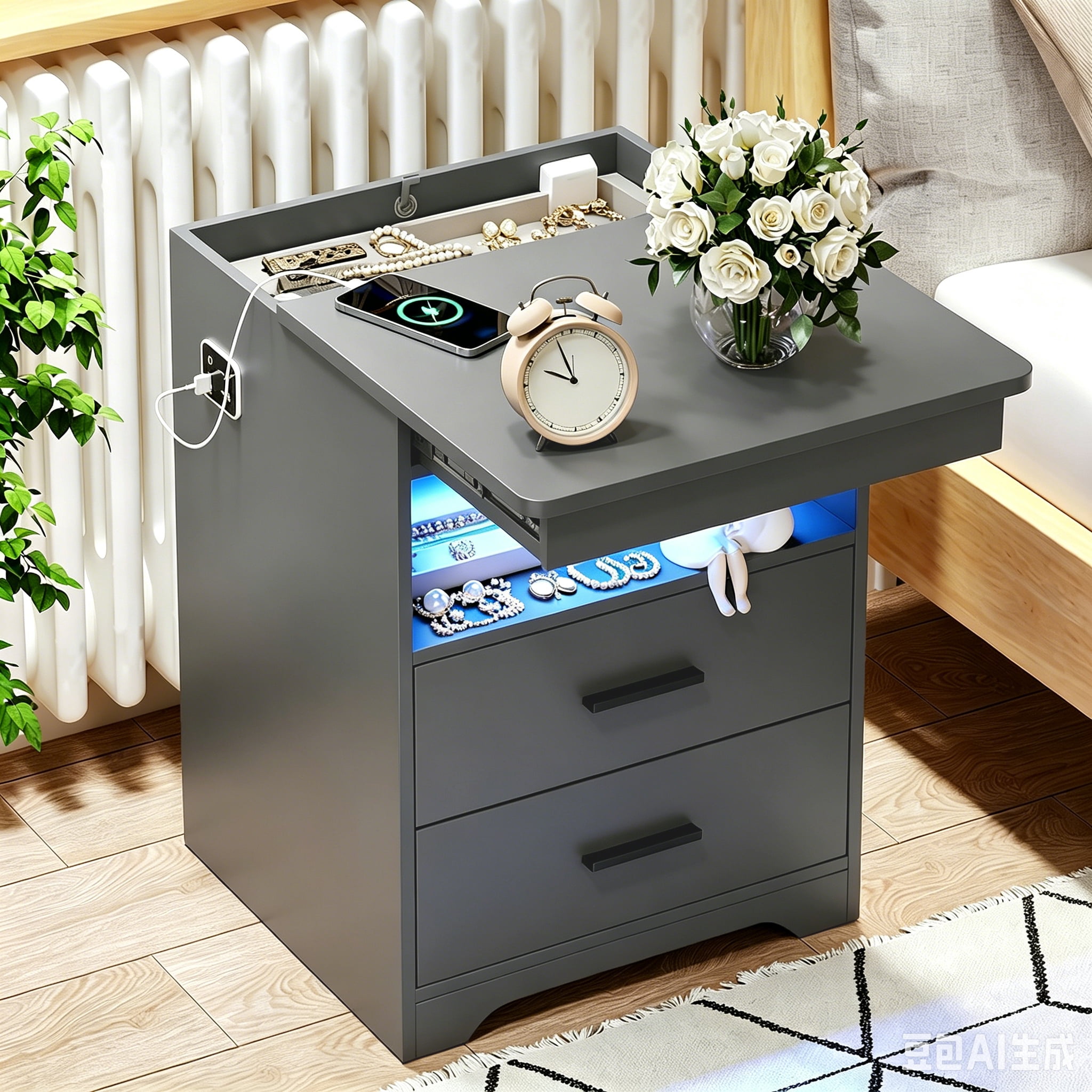 VKCC Rustic Wooden Nightstand with Charging Station, 2 Drawers Bedside Table with LED Lights, Small Cabinet for Bedroom Living Room, Grey