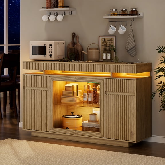 VKCC Sideboard Buffet Cabinet with Drawer, Modern Buffet Storage Cabinet with Motion Sensor,Coffee Bars for Kitchen Dinning Room,Wood