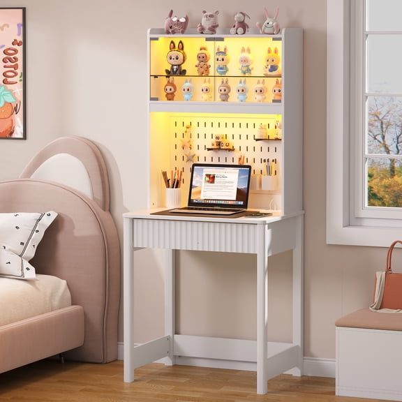 VKCC Small Computer Desk with LED Reading Light, Study Desk with Hutch and Charging Station, Writing Desk with Glass Doors for Study Room Office, White