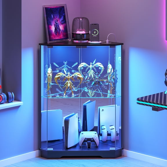 VKCC Small Corner Display Cabinet with Glass Door, LED Display Case for Small Place Living Room, Black