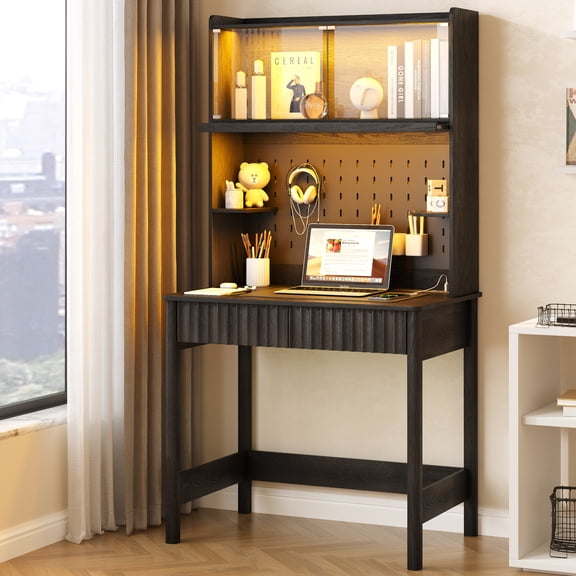 VKCC Small Desk with LED Reading Light, Compact Writing Desk with Charging Station, Computer Desk with Glass Doors Hutch for Study Room Small Place Office, Black