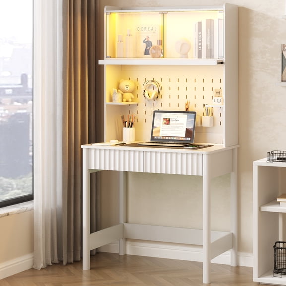 VKCC Small Desk with LED Reading Light, Compact Writing Desk with Charging Station, Computer Desk with Glass Doors Hutch for Study Room Small Place Office, White