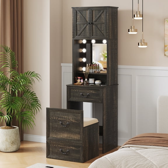 VKCC Smart Compact Vanity Desk with LED Lights, Dressing Table Set with Charging Station & Storage, Rustic Brown