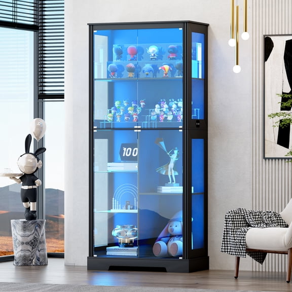 VKCC Tall Display Cabinet with Glass Doors, 7-Shelf Curio Bookcase with LED Lights for Rustic Farmhouse Living Room, Black