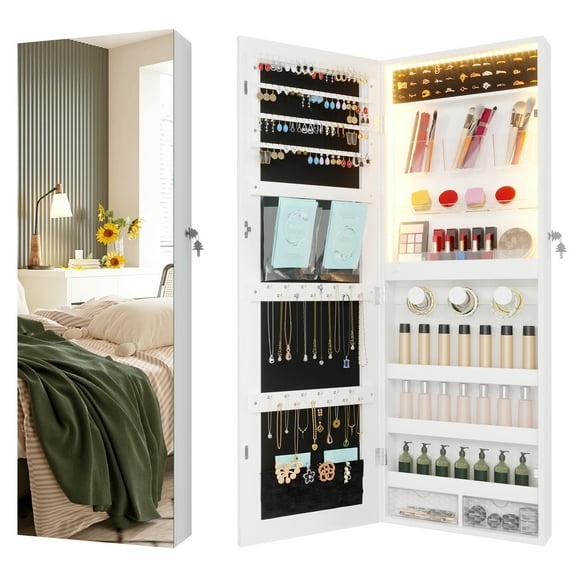 VKCC 42.5" Full Length Mirror Jewelry Cabinet with LED, Lockable Wall Door Mounted Organizer & Storage Box for Bedroom, White