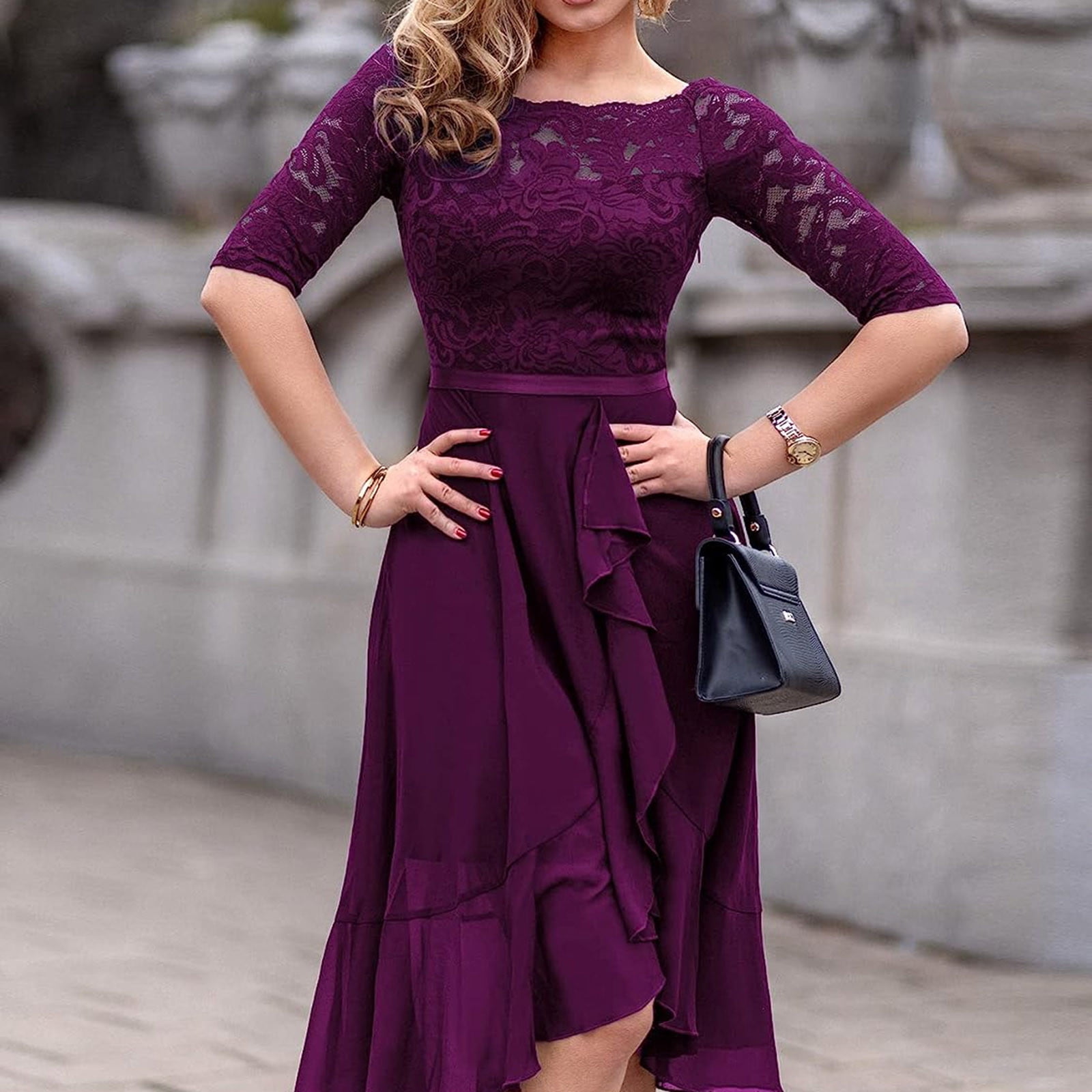 VKEKIEO 80s Prom Dresses Jumpsuit For Women Dressy A-line Regular Short  Sleeve Solid Purple S