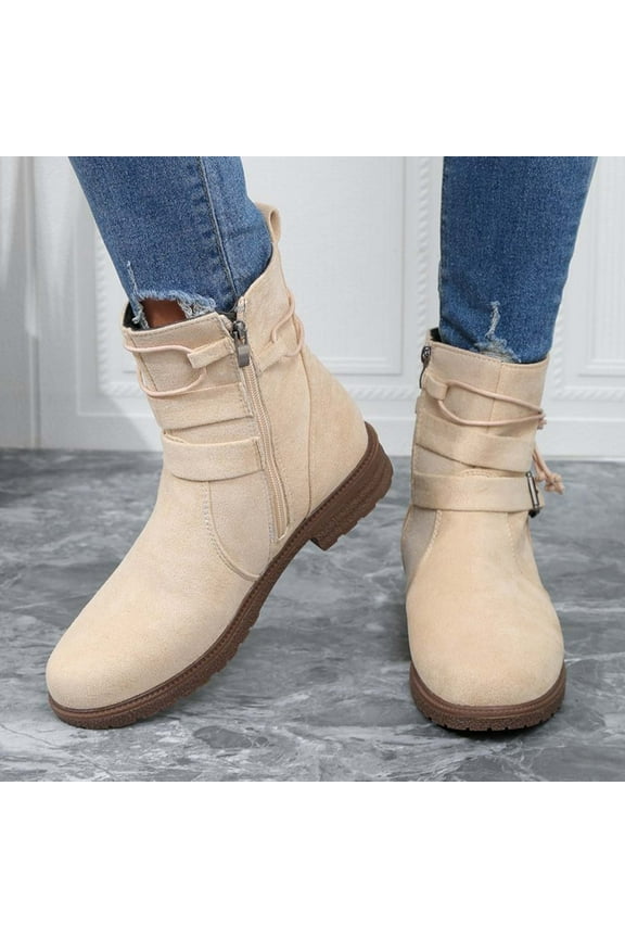 Ankle Boots For Women Low Heel Round Toe High Heel Booties Buckle Beige Winter Boots