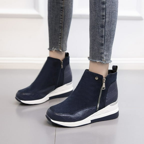 VKEKIEO Ankle Boots For Women Low Heel Round Toe Low Heel Heels Ornamental Zipper Slip-On Blue Fall Boots