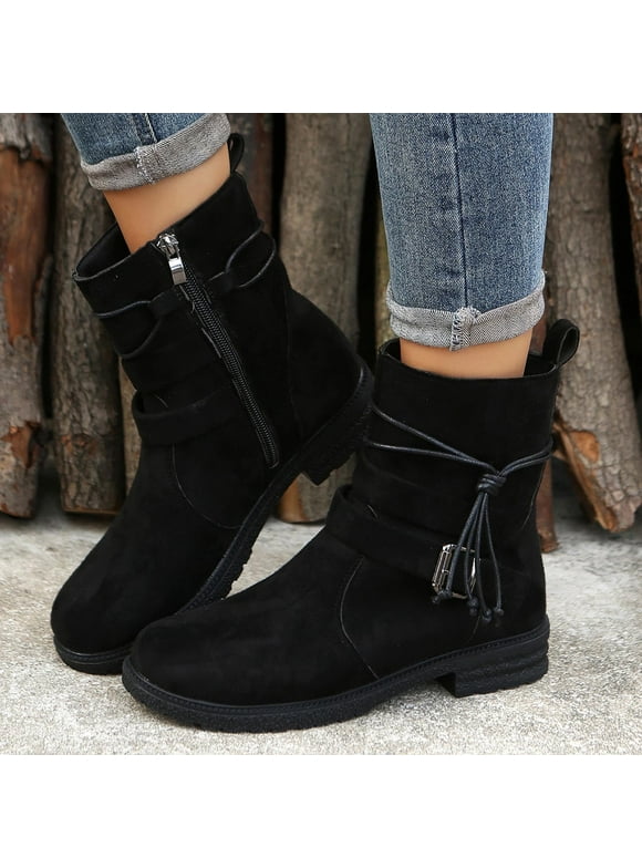 VKEKIEO Ankle Boots for Women Round Toe Low Heel Booties Ornamental Zipper Slip-on Black