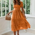 thumbnail image 1 of VKEKIEO Beachy Dresses,Pleated Dresses,Square Neckline,Short Sleeve,Mid-Length,Polka Dot,Orange,Vacation Dresses, 1 of 9