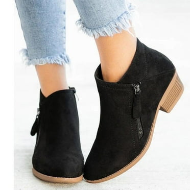 VKEKIEO Black Ankle Boots Woman,Round Toe Low Heel Booties Slip-On Black