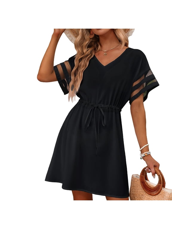 Black Dress For Funeral Fall Dresses For Women 2023 A-line Regular Short Sleeve Solid Black S