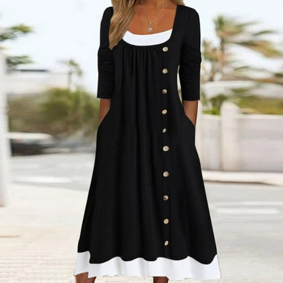Finelylove Black Dress For Funeral Jumpsuits Woman Shirt Dress Long Long Sleeve Solid Black M