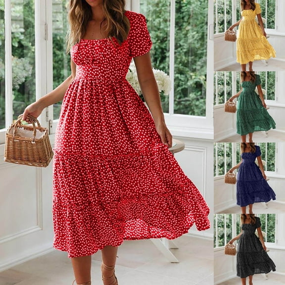 VKEKIEO Bodycon Dresses for Women Sun Dress Square Neckline Short Sleeve Printed Blue S