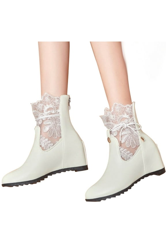 Boots For Women Ankle Booties Round Toe Low Heel Wedges Lace Lace-Up White Fall Boots