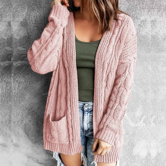 VKEKIEO Cardigan For Women Scoop Neck Cardigan Long Sleeve Solid Polyester Pink Cardigan Clearance