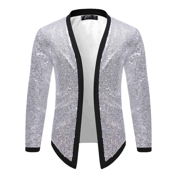 VKEKIEO Cardigan Men Scoop Neck Sequin Long Sleeve Solid Cotton Blends Silver Cardigan Clearance
