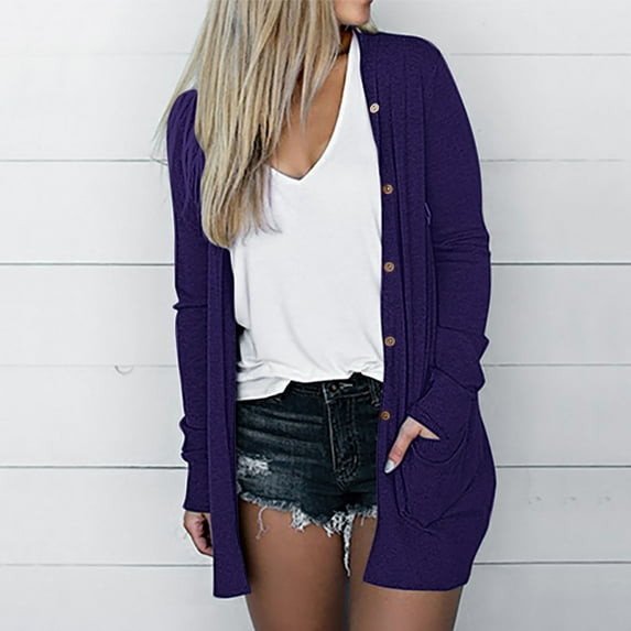 VKEKIEO Cardigans For Women Trendy Scoop Neck Cardigan Long Sleeve Solid 95%Polyester,5%Spandex Purple Cardigan Clearance