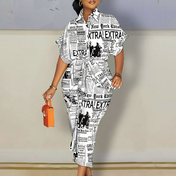 VKEKIEO Casual Dresses For Women Shirt Dress V-Neck Short Sleeve Printed White XXL