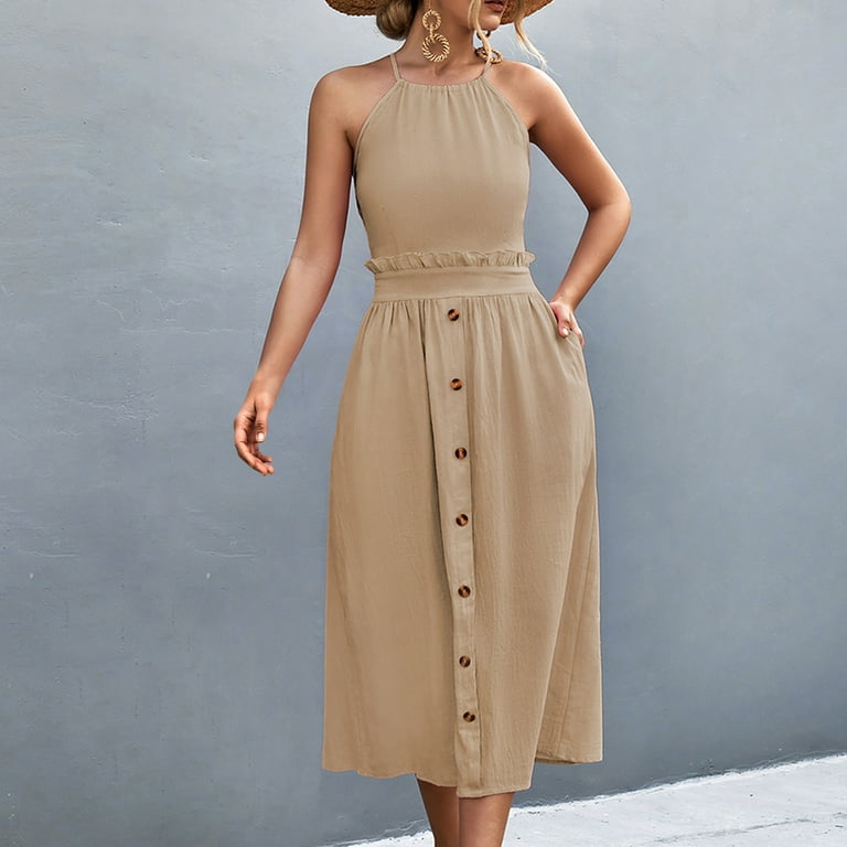 VKEKIEO Casual Maxi Dress Woman Clothes Under 5 Summer Clearance A-line  Long Sleeveless Solid Khaki S