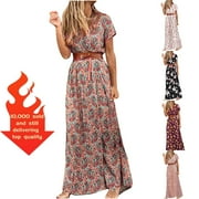 VKEKIEO Casual Summer Dresses,Boho Dresses for Women Womens Clothing，Spring Beach Dresses,Prom,V-Neck Short Sleeve Floral Brown XL