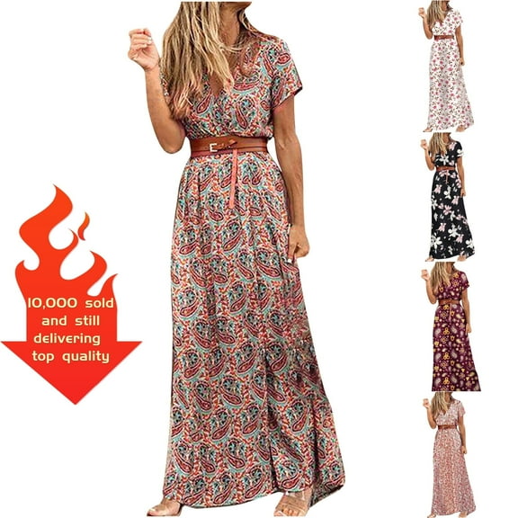 VKEKIEO Casual Summer Dresses,Boho Dresses for Women Womens Clothing,Spring Beach Dresses,Prom,V-Neck Short Sleeve Floral Brown XL