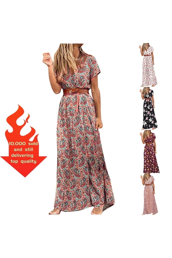 Casual Summer Dresses,Boho Dresses for Women Womens Clothing，Spring Beach Dresses,Prom,V-Neck Short Sleeve Floral Brown XL