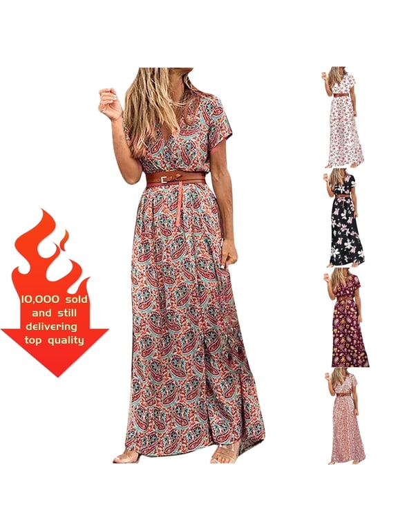 Casual Summer Dresses,Boho Dresses for Women Womens Clothing,Spring Beach Dresses,Prom,V-Neck Short Sleeve Floral Brown XL