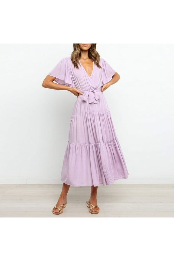 Casual Summer Dresses For Women A-line Crew Neck Short Sleeve Solid Purple S