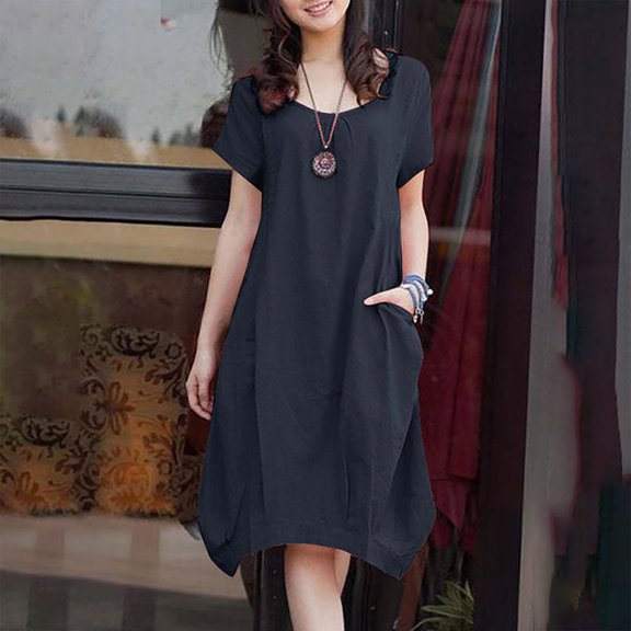 VKEKIEO Casual Summer Dresses For Women Sun Dress Crew Neck Short Sleeve Floral Blue L