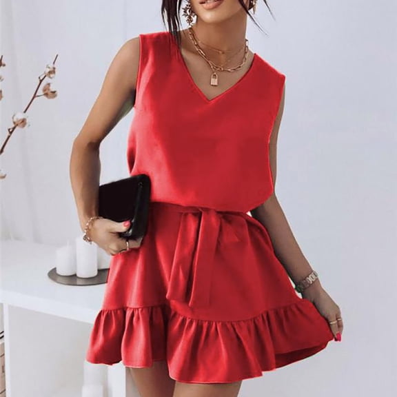 VKEKIEO Casual Summer Dresses For Women Sun Dress V-Neck Sleeveless Solid Red M