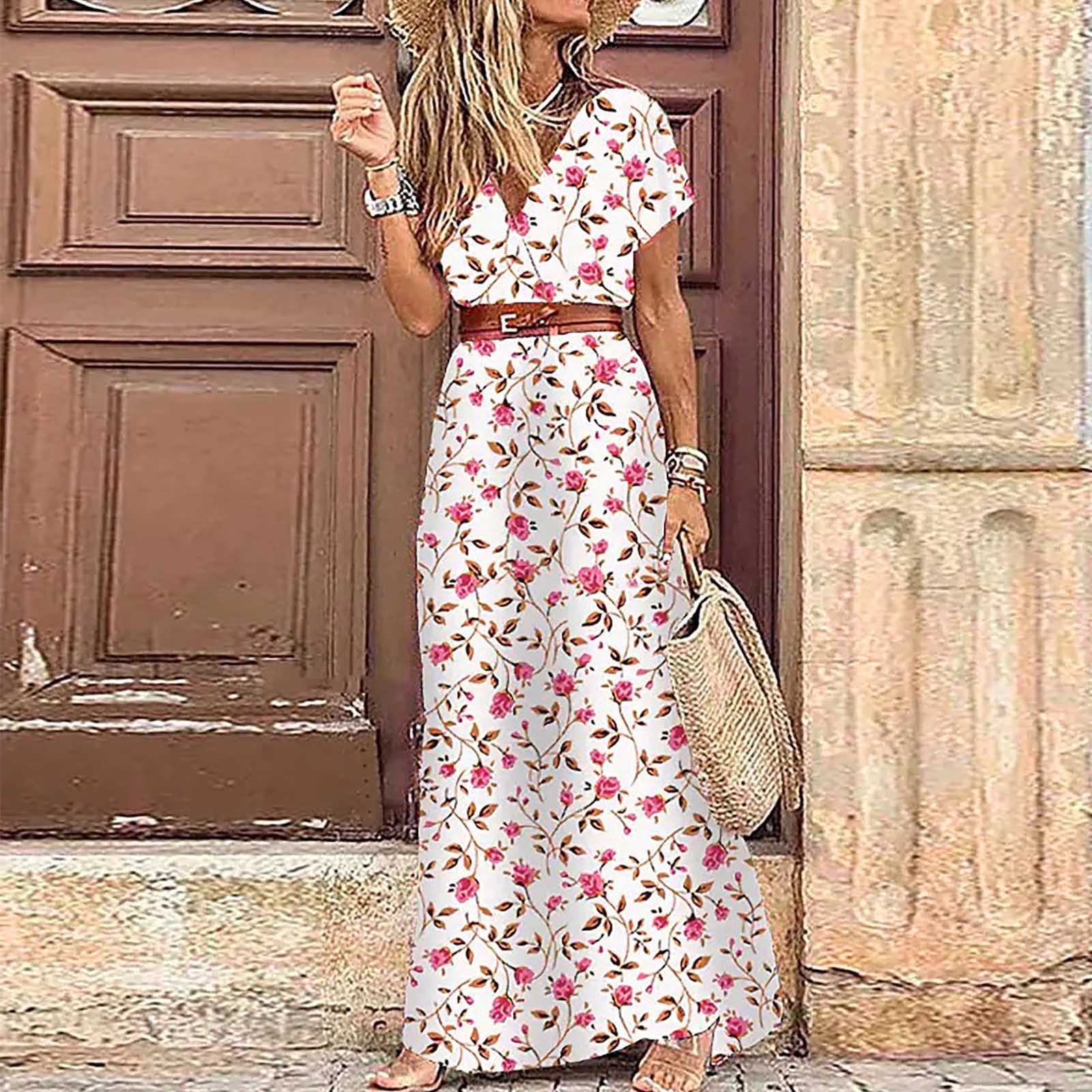 Vkekieo Sundress Boho V-Neck Short Sleeve Floral Red M, Women's, Size: 6