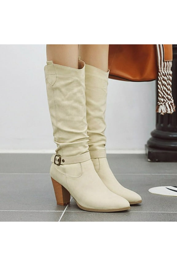Cowboy Boots For Women Round Toe High Heel Heels Buckle Beige Winter Boots