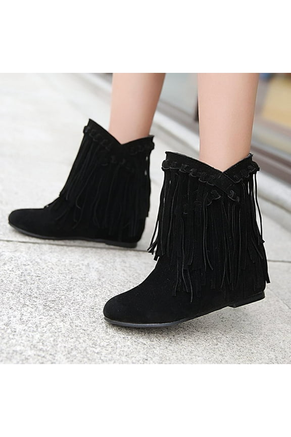 Cowgirl Boots For Women Tassel Peak Toe Ring Mid Heel Booties Fringe Slip-On Black