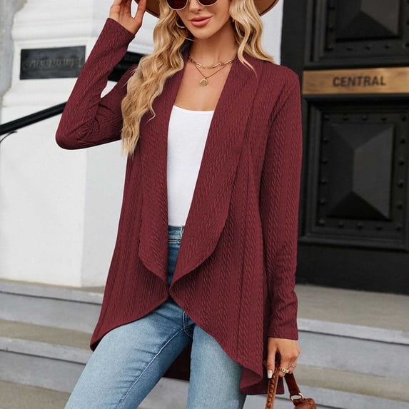 VKEKIEO Cropped Cardigans For Women Scoop Neck Cardigan Long Sleeve Solid 95%Polyester 5%Spandex Red Cardigans For Wommen