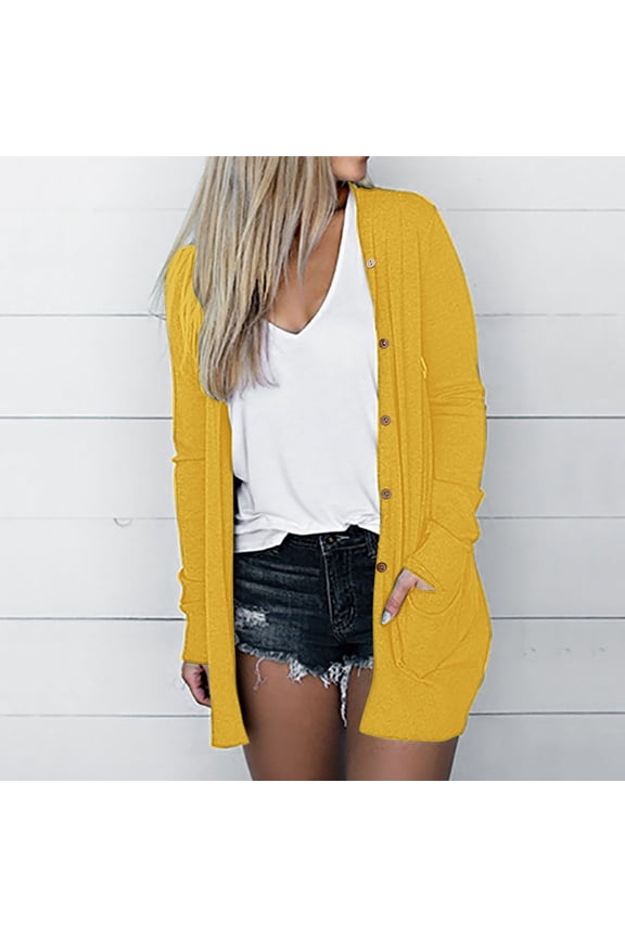Cropped Cardigans For Women Scoop Neck Cardigan Long Sleeve Solid 95%Polyester,5%Spandex Yellow Cardigans For Wommen